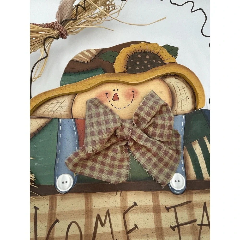 Vtg Hand Painted Wood Door Sign Scarecrow Welcome Fall Halloween Autumn Decor